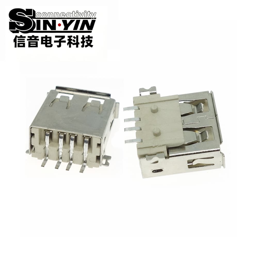 USB AF 全贴片母座（1.2鱼叉贴片脚/外壳口部卷边/4Pin USB 2.0/白色耐高温胶芯/纯SMT高效贴片/超薄主板与消费电子专指）