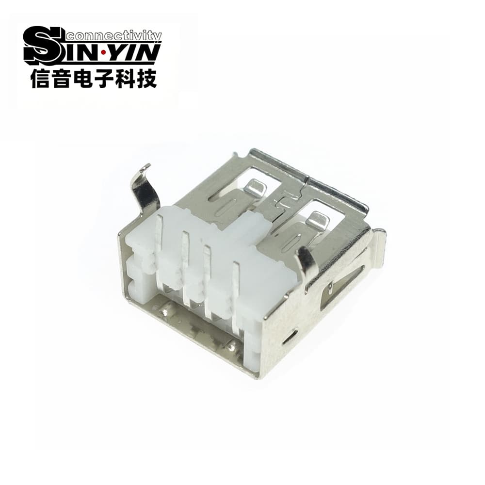 USB AF 2.0 侧插 90度母座（90°侧向插拔/4Pin DIP直插/强力金属加固插脚/高抗拉拔/板边侧向出线/工业控制与车机专指）-3