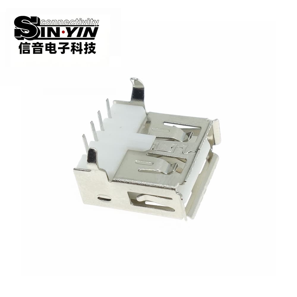 USB AF 2.0 侧插 90度母座（90°侧向插拔/4Pin DIP直插/强力金属加固插脚/高抗拉拔/板边侧向出线/工业控制与车机专指）