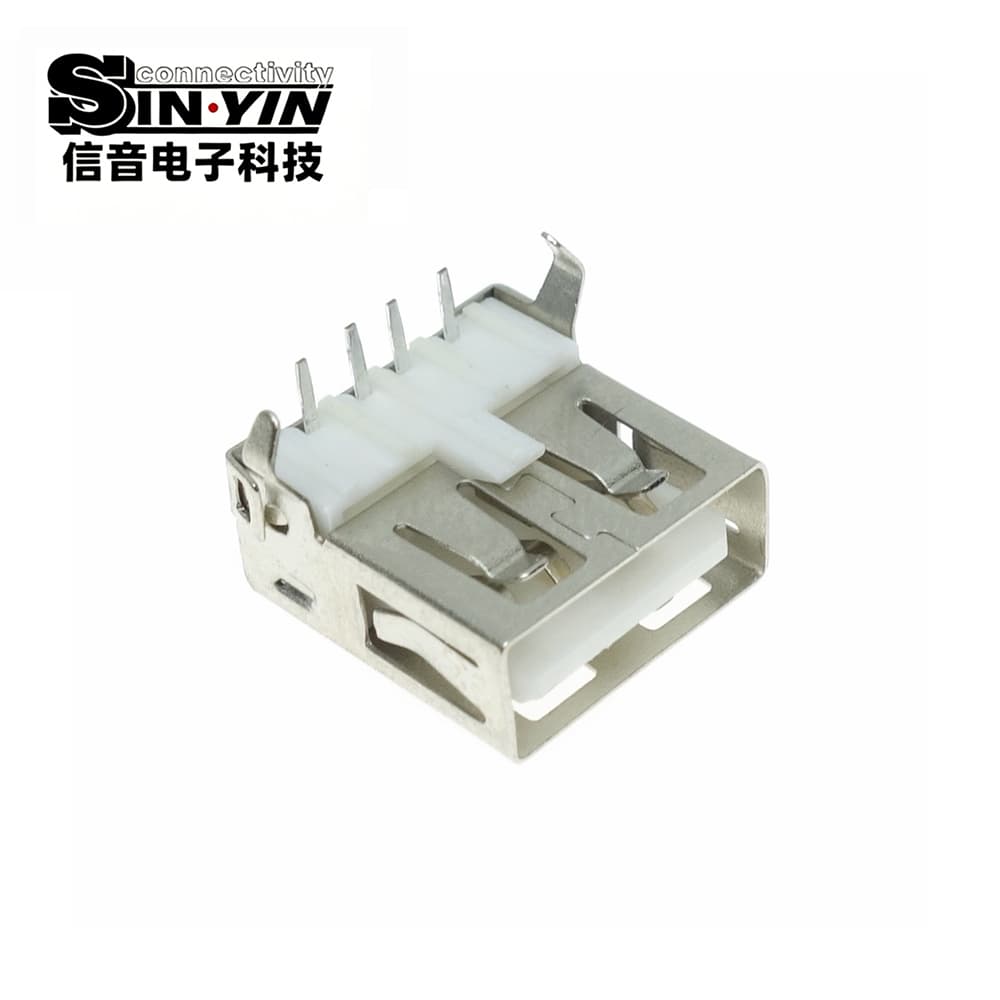 USB AF 2.0 侧插 90度母座（90°侧向插拔/4Pin DIP直插/强力金属加固插脚/高抗拉拔/板边侧向出线/工业控制与车机专指）-2