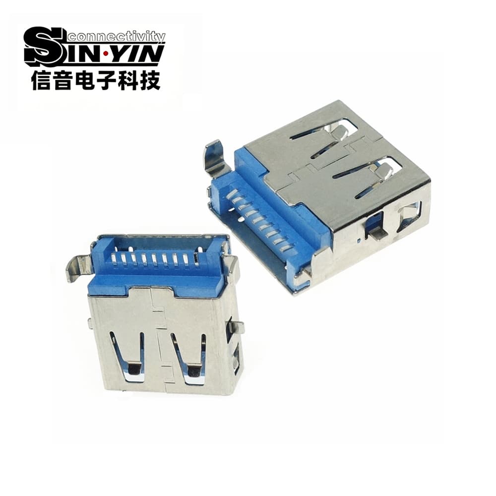 USB AF 3.0 沉板母座（沉板破孔式/降低板上高度/9Pin USB 3.0 5Gbps高速传输/蓝色胶芯/SMT+DIP混合贴片/超薄笔记本与工控主板专指）