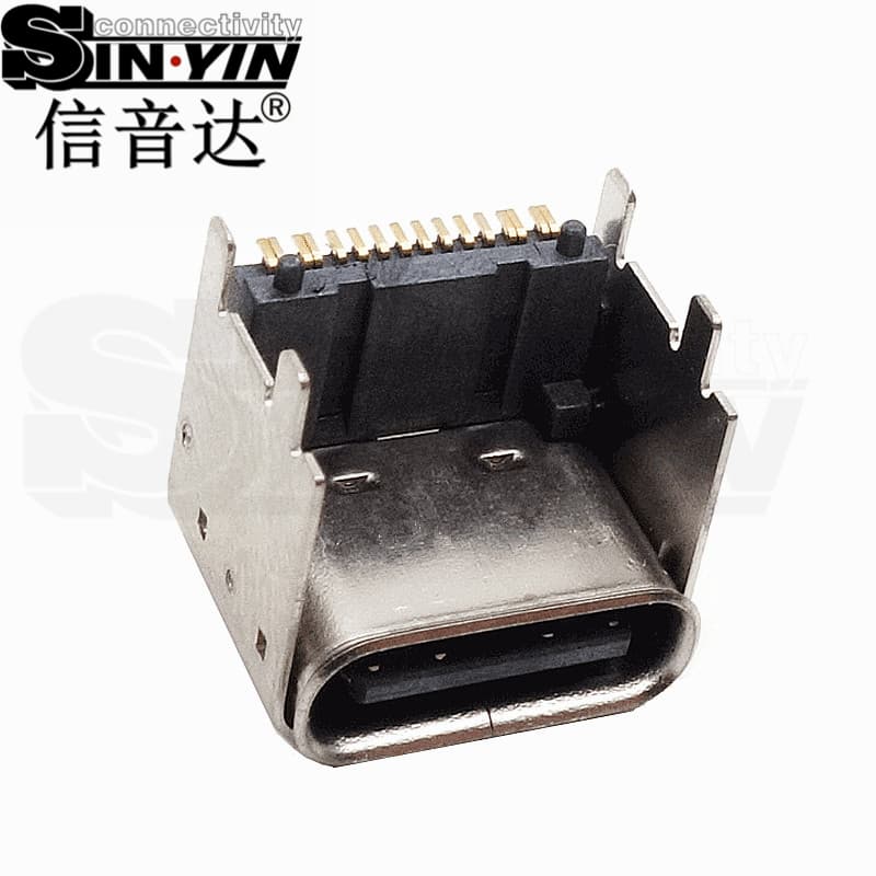 USB Type-C 16Pin 垫高卧贴母座（加高结构/单排/双排SMT贴片/5A大电流+USB2.0/加长插板加固脚）-3