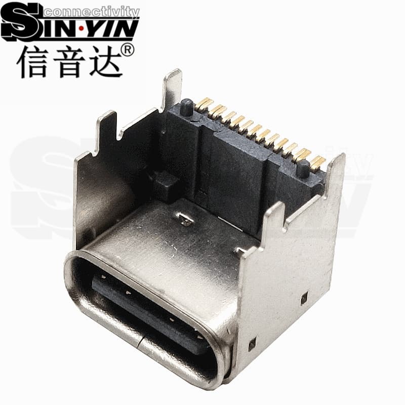 USB Type-C 16Pin 垫高卧贴母座（加高结构/单排/双排SMT贴片/5A大电流+USB2.0/加长插板加固脚）-4