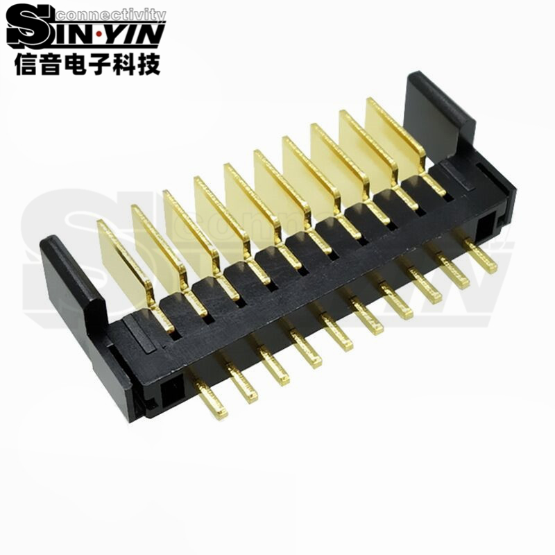 信音达SYCAM01P10AM5 10Pin插件锂电公座｜PA9T尼龙镀金·额定5A/瞬时8A·25.65×5.5×10.1mm标准DIP封装·耐260℃波峰焊·智能门锁BMS精简接口（双串动力+3路采样+通讯+预留）-2