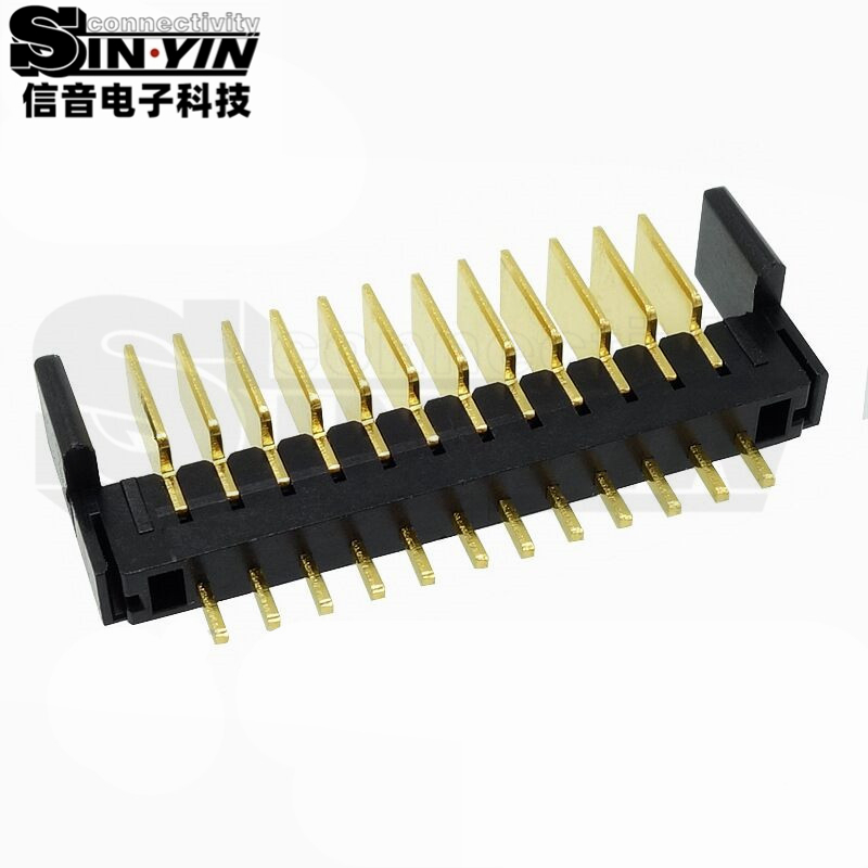 信音达SYCAM01P12AM5 12Pin插件锂电公座｜黄铜镀金·额定5A/瞬时8A·29.65×5.5×10.1mm标准DIP封装·耐260℃波峰焊·智能门锁BMS全功能接口（双串动力+4路采样+通讯+预留）-2