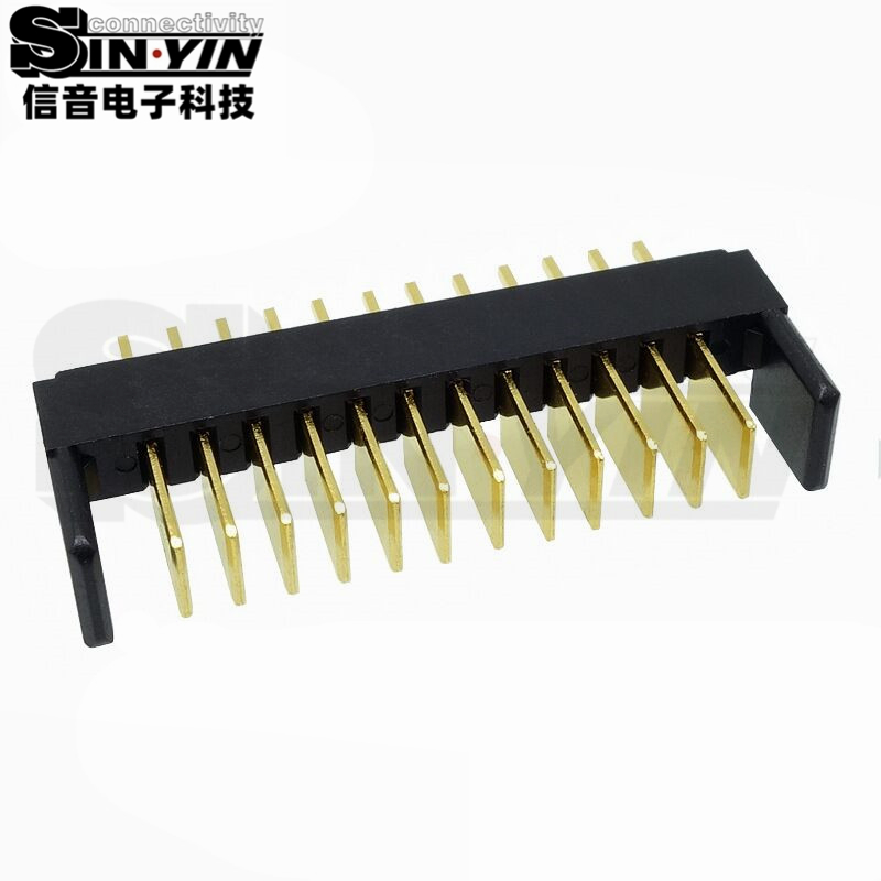 信音达SYCAM01P12AM5 12Pin插件锂电公座｜黄铜镀金·额定5A/瞬时8A·29.65×5.5×10.1mm标准DIP封装·耐260℃波峰焊·智能门锁BMS全功能接口（双串动力+4路采样+通讯+预留）