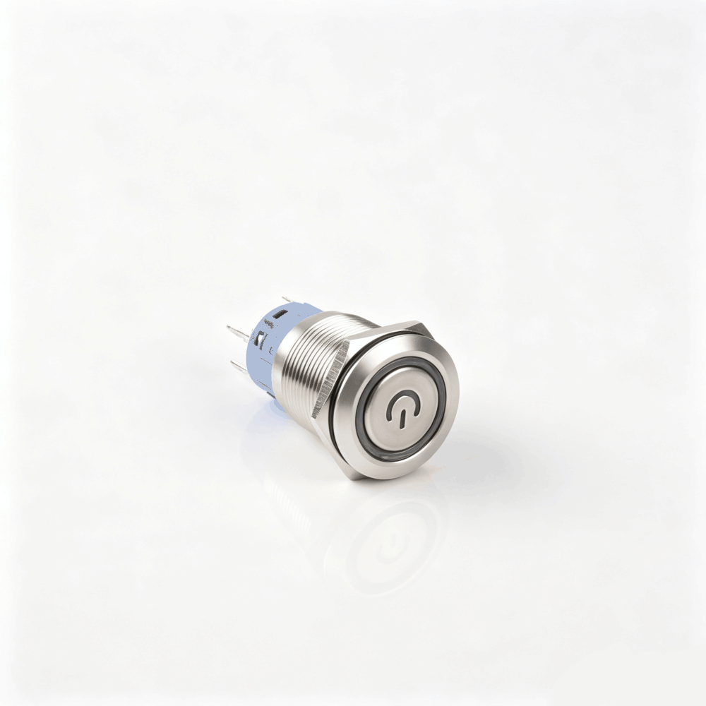 19mm电源标志金属按钮开关（开口19mm/19C平头/单刀双掷1NO1NC/环形+电源符号发光LED/自锁式/防水防爆）-2