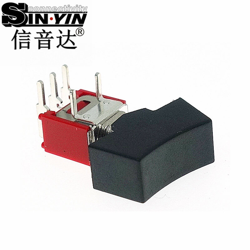 微型钮子开关（单排3脚弯脚/90度侧插/带黑色船型帽/带下置固定弯脚/两档ON-ON/SPDT单极双掷）-2
