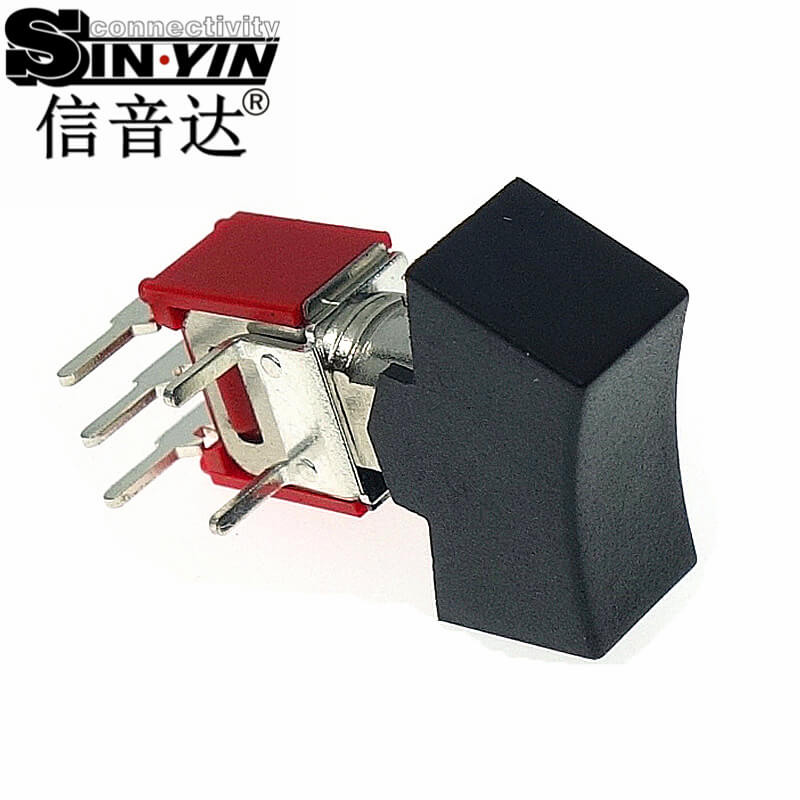 微型钮子开关（单排3脚弯脚/90度侧插/带黑色船型帽/带下置固定弯脚/两档ON-ON/SPDT单极双掷）-4