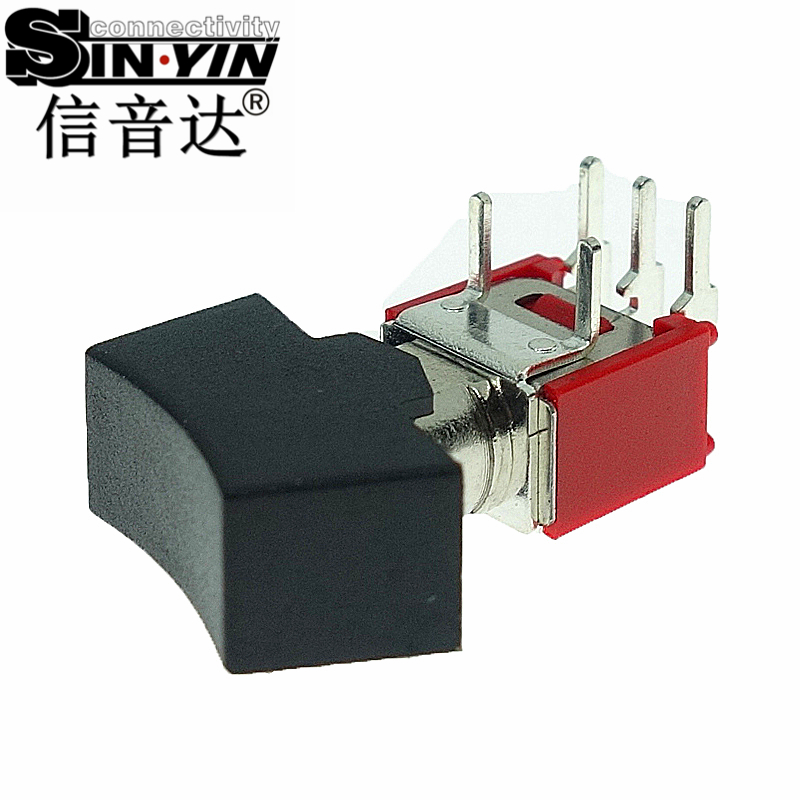 微型钮子开关（单排3脚弯脚/90度侧插/带黑色船型帽/带下置固定弯脚/两档ON-ON/SPDT单极双掷）