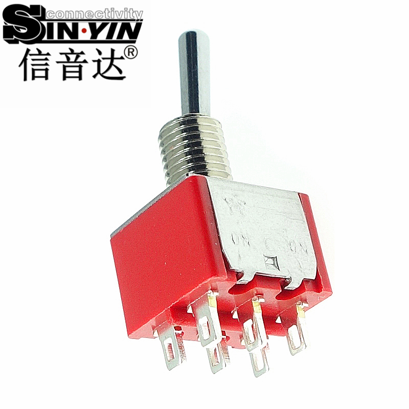 微型钮子开关（双排6脚直脚带孔/两档ON-ON/带金属螺纹套管/DPDT双极双掷/焊接式端子）