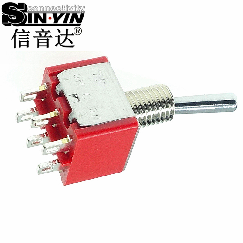 微型钮子开关（双排6脚直脚带孔/两档ON-ON/带金属螺纹套管/DPDT双极双掷/焊接式端子）-4
