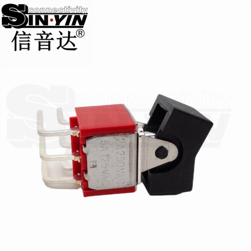 微型钮子开关（双排6脚弯脚/两档ON-ON/带按帽/带上固定脚耳卡/DPDT双极双掷/卧式PCB插针）-2