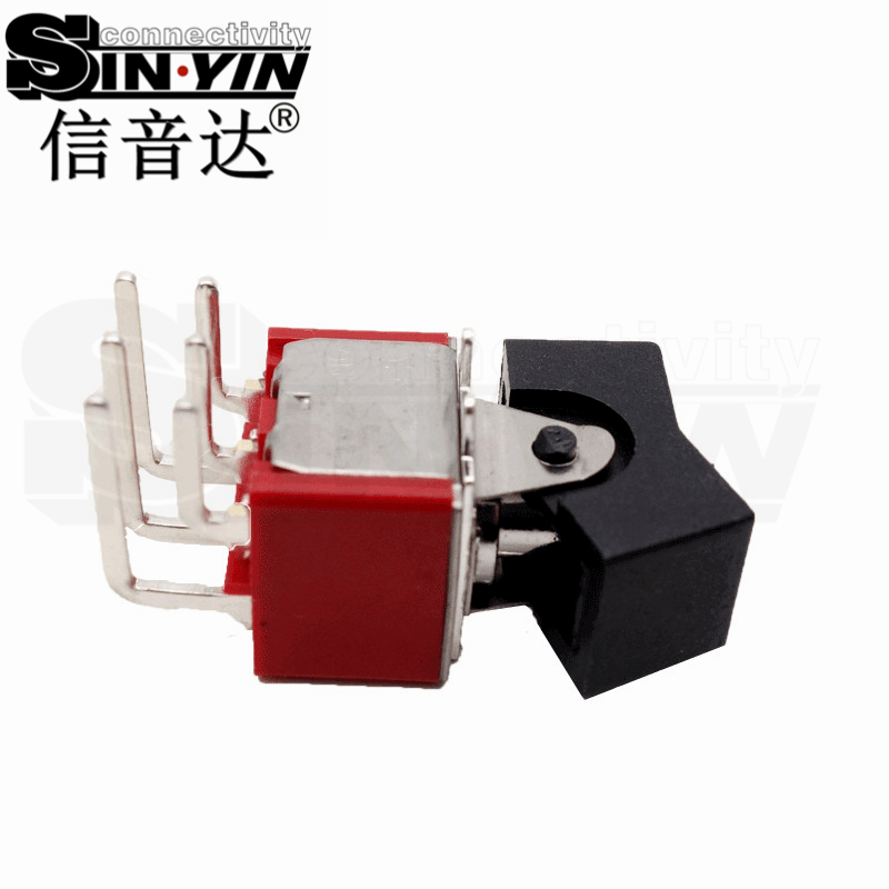 微型钮子开关（双排6脚弯脚/两档ON-ON/带按帽/带上固定脚耳卡/DPDT双极双掷/卧式PCB插针）-5