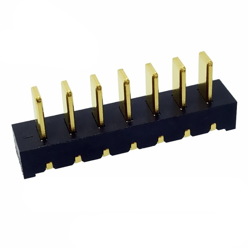 信音达SYCBM01P7R4 7Pin锂电公座｜2.5mm 90°弯插·5A单针载流·PA9T耐260℃·镀金低阻·超紧凑侧向互联
