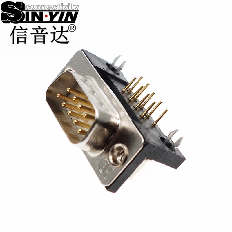 SYCDB9MR4 9Pin 90度弯脚DB9公座连接器（全镀金实心针/PCB板端卧式/带鱼叉脚固定/RS232 RS485串口插座/D-SUB/免费打样）