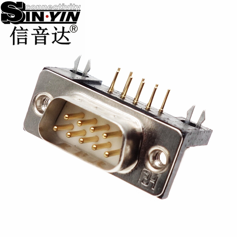 SYCDB9MR4 9Pin 90度弯脚DB9公座连接器（全镀金实心针/PCB板端卧式/带鱼叉脚固定/RS232 RS485串口插座/D-SUB/免费打样）-5