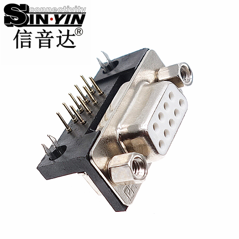 SYCDR9FR4 9Pin 90度弯头DR9母座连接器（全镀金实心针/PCB卧式插板/带鱼叉脚/RS232 RS485串口插座/工业级D-SUB/支持3D模型/免费打样）