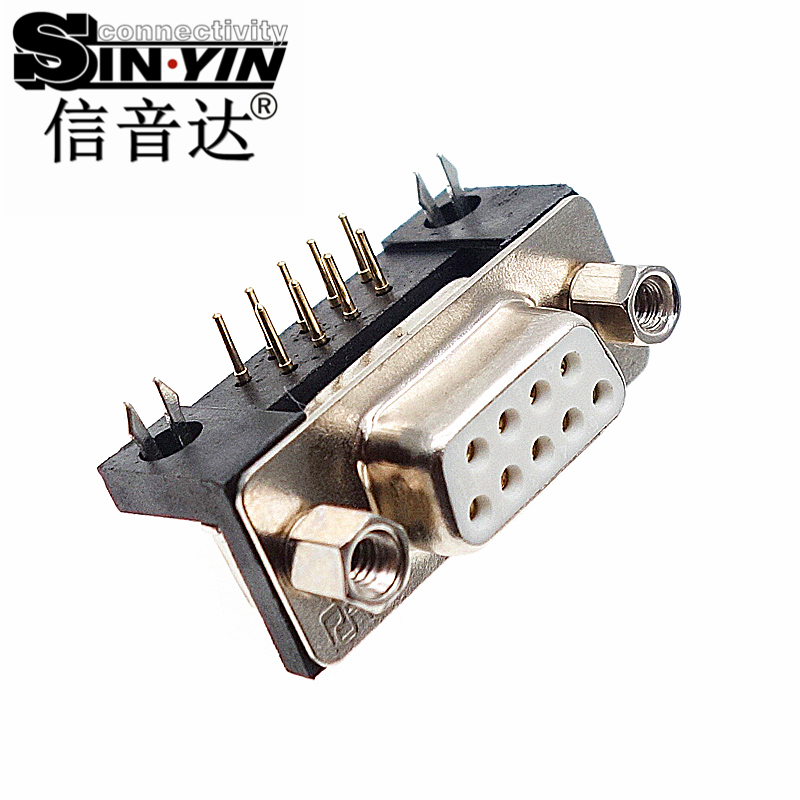 SYCDR9FR4 9Pin 90度弯头DR9母座连接器（全镀金实心针/PCB卧式插板/带鱼叉脚/RS232 RS485串口插座/工业级D-SUB/支持3D模型/免费打样）